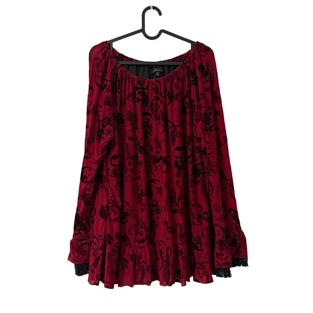 Caleoas Wine Floral Burnout Velvet Whimsygoth Peasant Blouse Womens XLarge
